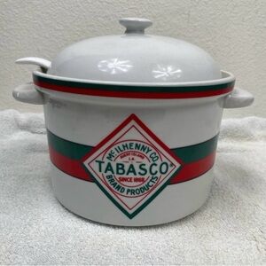 Vintage McIlhenny Co Tabasco Off White Red Green Ceramic Serving Pot With Spoon